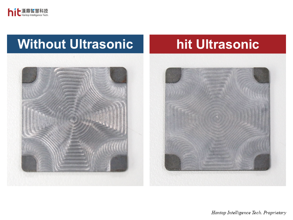 HIT ultrasonic process solution applied to grinding of AlSiC flip-chip lid. Differences in surface quality are visible even in the rough grinding stage